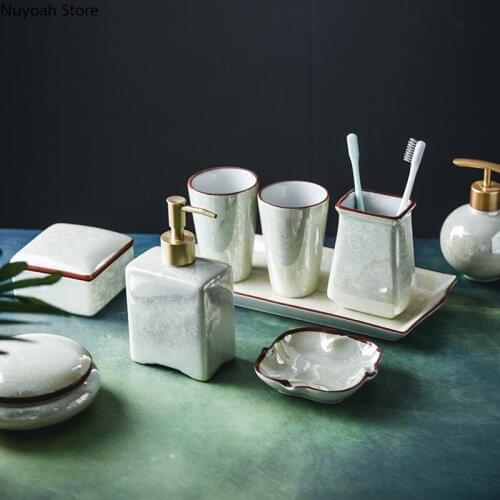 Creative Chinese Ceramic Bathroom Cup Retro Tooth Cup Mouthwash Cup Lotion Bottle Wash Set Hotel Bathroom Decoration Accessories