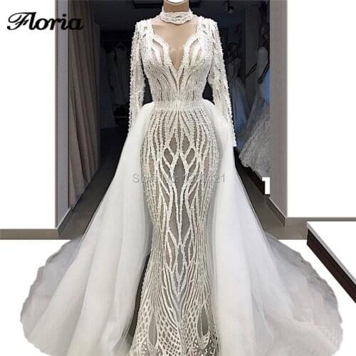 Hot Mermaid Lace Pearls Bridal Gowns 2019 New Arrival Detachable Dress See Through Arabic Dubai Wedding Dresses Vestidos Kaftans