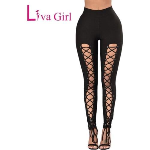 LIVA GIRL Black Hollow Out High Waist Leggings Lace Up Front Sexy Fitness Legging Women Workout Clubwear Pants Jogging Trousers