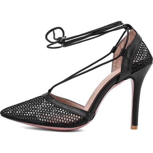 Summer Women Clear Heels Sandals Fashion Sexy white Pointed Toe Sexy Mesh Ankle Strap Stilettos Heels Consice Height 30-47