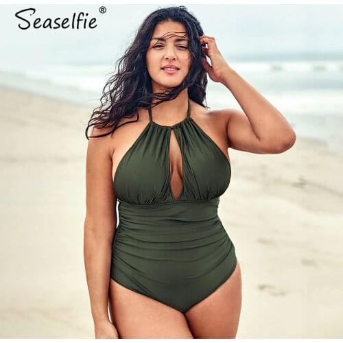 SEASELFIE Plus Size Halter Backless One Piece Swimsuit Women Large Size Solid Olive Monokini Bathing Suit 2021 Beach Swimwear