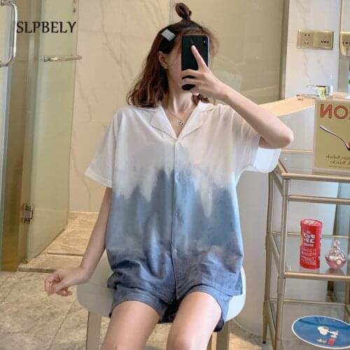 SLPBELY Ice Silk Women Pajamas Set Pyjamas Summer Casual Gradient Lapel Short Sleeve Homesuit Nightwear Homewear Sleepwear 2021