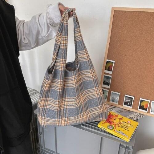 Vintage Canvas Women Leisure Plaid Printing Large Capacity Shoulder Underarm Bags Casual Totes Ladies Daily Shopping Handbags