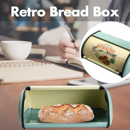 Vintage Bread Box Storage Bin Rollup Top Light Blue Small Powder Coated Bread Iron Snack Boxes Food Containerfor Kitchen