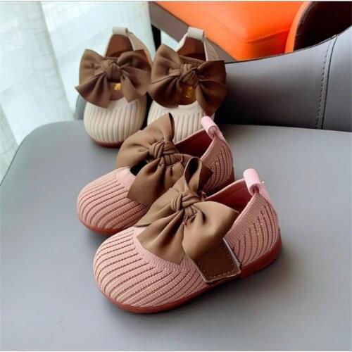 Big Bow-knot Girls knitting Shoes Kids Casual Leather Flats T-strap for Wedding Party Oxfords British Childrens Sneakers Sweet