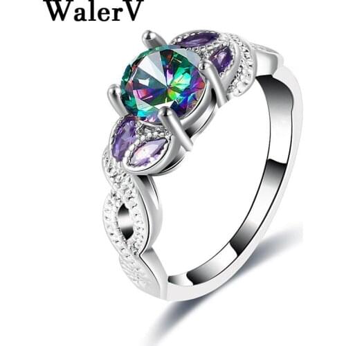 WalerV New Fashion Popular Tree Vine shape For Womens Ring luxury Shiny Round Colorful crystal Wedding Ring Gift