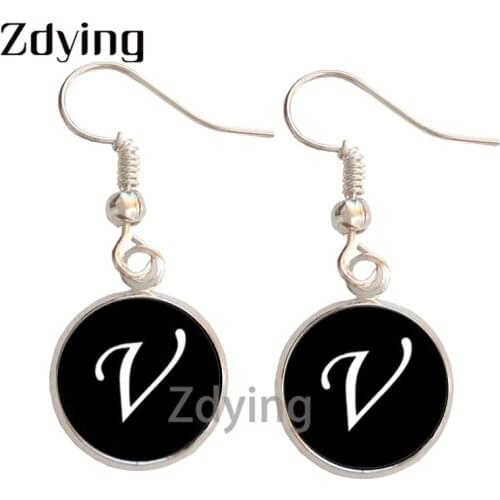 Zdying High Quality Initial English Letter Dangle Earrings Glass Photo Cabochon Charm Antique Bronze/Silver-Plated Jewelry ZL017