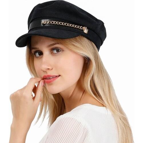 Womens Hat Ladies Spring Belt Chain Caps Casual All-match flat Top Hat Korean Street style Retro Navy hat