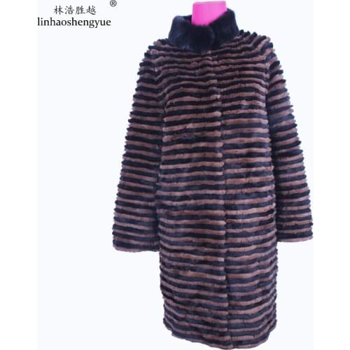 Linhaoshengyue Women Rabbit Fur Long Coat Color Striped Rabbit Coat Mink Fur Stand Collar Woven Lining