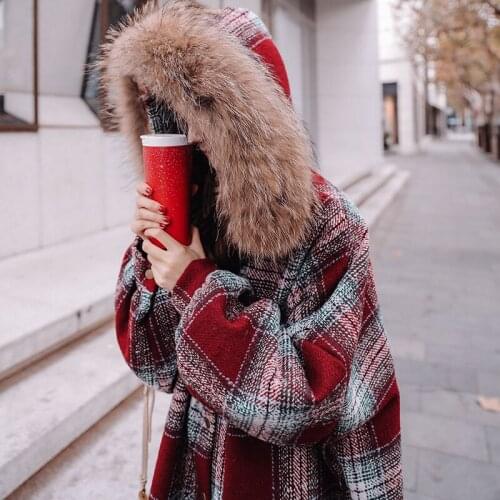 Korean style Hooded Plaid Woolen Jacket Women 2020 Fashion Winter Warm Thick Loose Long Overcoat Windproof Female Wool Coats