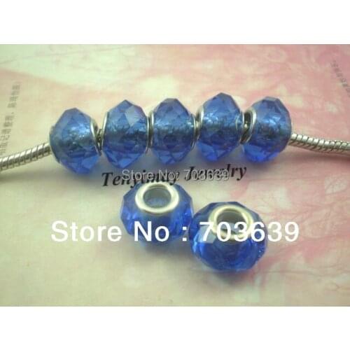 100pcs European Charm Beads Blue Faceted Glass Beads Fit DIY Bracelet Free Shipping