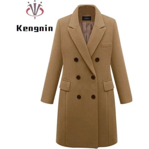 2021 Winter Coat Women Casual Wool Solid Female Jacket Blazers Elegant Double Breasted Long Ladies Plus Size 5XL Outerwear KN45