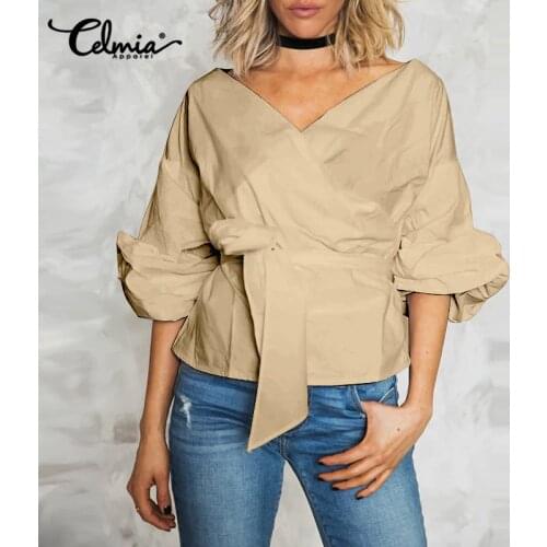 2021 Summer Tops Celmia Fashion Women V Neck Sexy Wrap Blouses Elegant Puff Sleeve Solid Tunic Female Casual Loose Belted Blusas