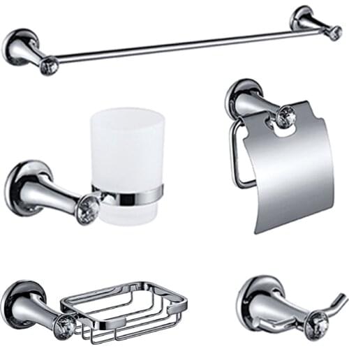 Bathroom Accessories Chrome Towel Rack Rail Bar Paper Shelf Shower Soap Dish Holder Toilet Brush Cup Holder Cloth Hook 5pcs Set