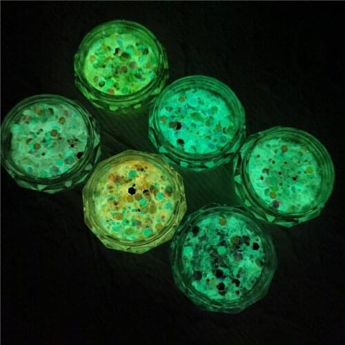 6Boxes Mermaid Glow in The Dark Nail Glitter Sequins 3D Nail Art Mixed Holographic Chunky Flakes UV Gel Nail Art Supplies