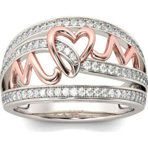 Creative Rose Gold Love Mom Heart-Shaped Ring Simple Crystal Silver Color Finger Ring Fashion Womens Jewelry