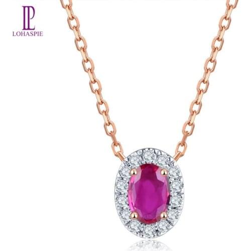 LP Natural No Heated Ruby & Diamonds Pendant 14 K Rose Real Gold Oval Shaped Fine Jewelry Classical Style Necklace for Gift