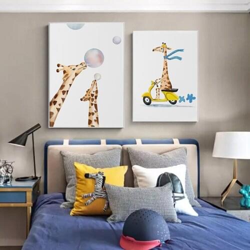 Cute Cartoon Giraffe Rabbit Animal Decorative Picture Childrens Room Kindergarten Frameless Canvas Painting Wall Art Kids