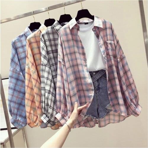 Spring and Autumn Fashion Womens Shirts and Long Sleeve Tops Checked Shirts Casual Tops