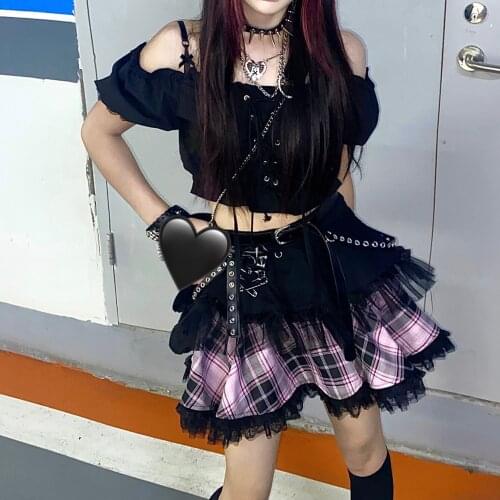 Ruibbit New Arrival Gothic Harajuku Punk Hot Girl Black Pink Plaid Skirts Fashion Sweet Girl Mini Kawaii A-Line Mini Skirt