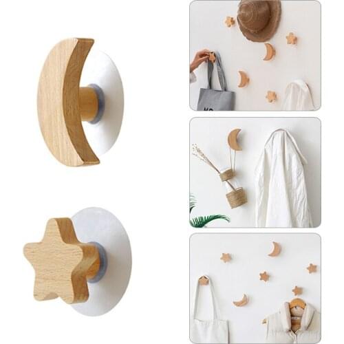 Solid Wooden Star Moon Shape Hooks Self Adhesive Wall Hanger Towels Bags Keys Clothes Coat Hook Room Storage Rack Decoration