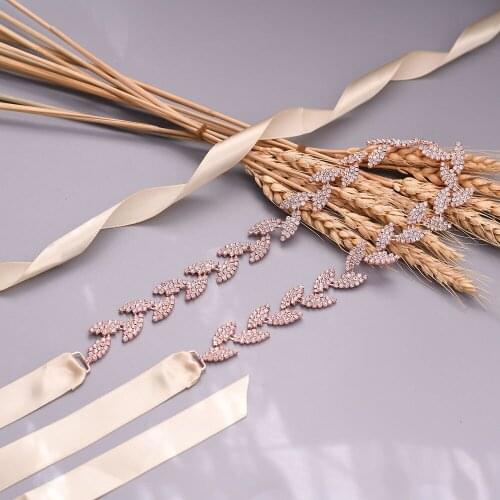 ZMS198-RG Rose Gold Wedding Sash Luxury Alloy Leaves Wedding Belt Diamond Belt Bridal Prom Evening Dresses Womens Accessories
