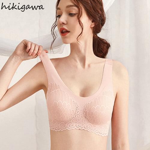 Hikigawa Sexy Latex Seamless Push Up Bra Traceless Gathers Women Lingerie Wireless Lace Front Comfortable Underwear Bralette