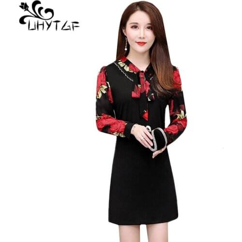 UHYTGF Spring dress woman fashion fake two-piece printed stitching chiffon dress female Korean V-neck casual plus size dress 795