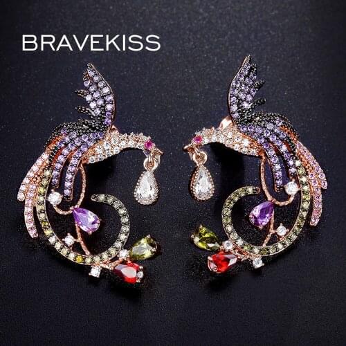 BRAVEKISS Vintage Colorful Crystal Stud Earrings Animal Earring Studs for Women Gifts Phoenix Earring Zircon Accessories BUE0194