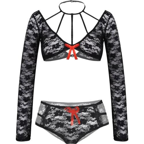 Womens See-through Lace Hollow Out Lingerie Exotic Set Bowknot Sissy Ladies Long Sleeve Bra Crop Top with Briefs Underwear