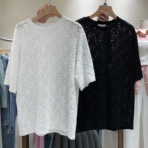 Large Womens Hollow Short-sleeved Top Sexy Lace Sunscreen Loose-fitting Bottoms Women Sexy Tops Summer Plus Size