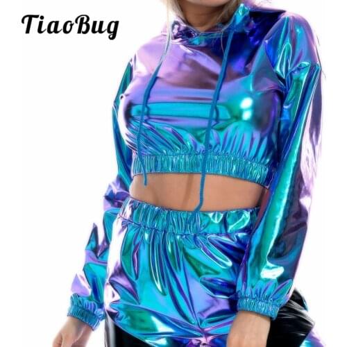 Women Metallic Shiny Top Nightclub Styles Long Sleeve Hoodies Jazz LED Tron Street Dance Wear Stage Performance Pullovers