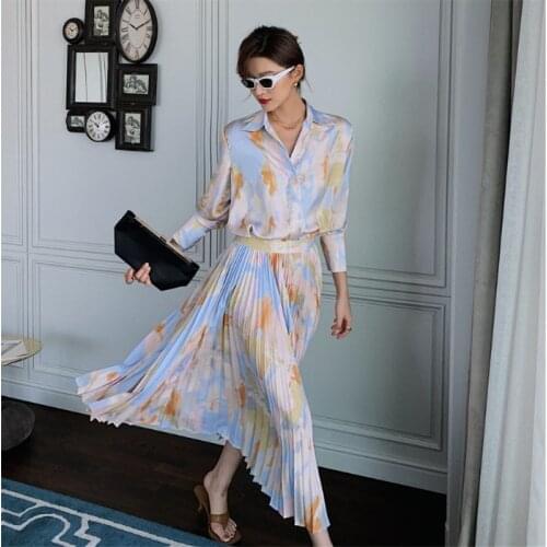 Pinkou Women Stylish Print Dress 2 Piece Set Blouse Pleated Skirt Smooth Fabric Summer Autumn Chic Dress Set QA87