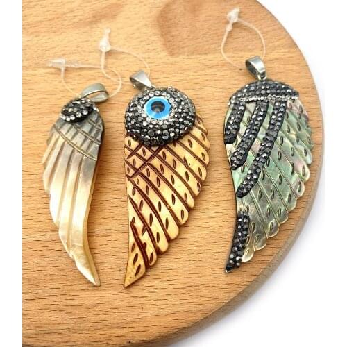 1pc Whosale Natural Pearl Shell Pendants Black Shell with Rhinestone Wings Shape DIY for Making Necklace 18x56mm 25x60mm Size