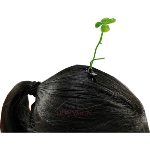 2pcs Four-leaf Clover Hairpin Plants Show Cute Artifact Seedling Hairpin Long Grass Weird Cartoon Headdress Flower Sale