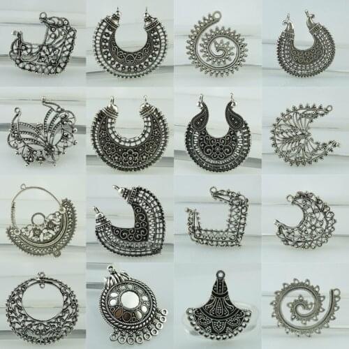 2X Vintage Silver Indian Tribal Brass Charms Flower Ornate Swirl Gypsy Pendant Charms For Women DIY Earring Boho Dangle Jewelry