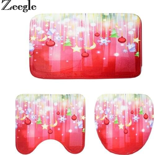 Zeegle 3PCS Christmas Bathroom Mat Non-Slip Pedestal Rug Lid Toilet Cover Bath Mat Set Absorbent Bathroom Carpet Bath Rugs