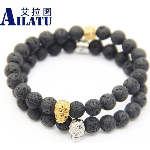 Ailatu Energy Fashion Braeclet Wholesale High Quality 8mm Black Lava Stone Beads with Gold-Color Bronze Skull