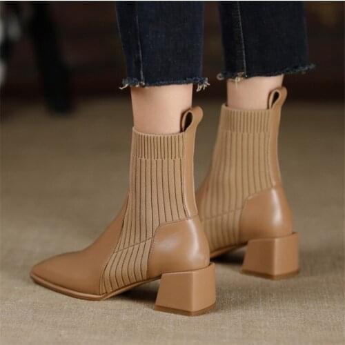 PXELENA Plus Size 34-42 Genuine Leather Knitting Socks Ankle Boots Women Block Med Heels Square Toe Shoes Autumn Winter Spring