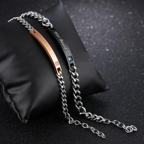 2pcs/set Romantic Couple Bracelet Fashion His Queen Her King Letter Zircon Stainless Steel Bracelets For Women/Men Jewelry Gift