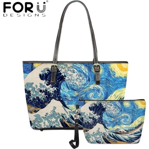 FORUDESIGNS Luxury Designer PU 2pcs Set Totes Bag and Purse For Women Sea Wave Oil Paniting Print Ladies Casual Shoulder Bolsa
