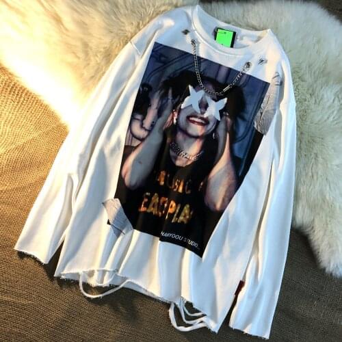 T-shirt Oversize Chain Personality Hip-Hop Round Neck Top Super Loose Dark Black Long Sleeves Harajuku Vintage Punk Dropshipping