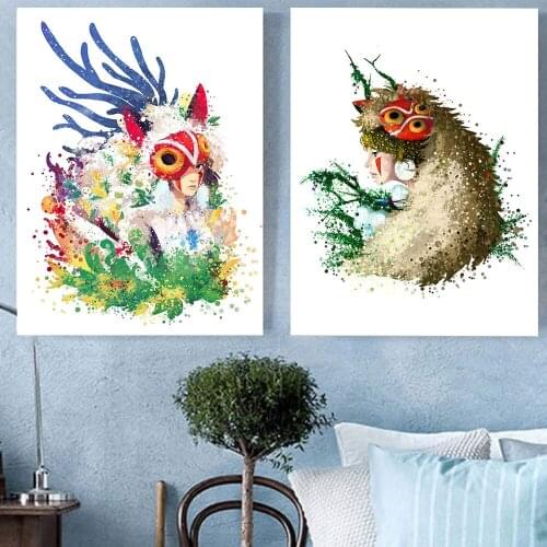 New Watercolor Princess Mononoke Canvas Painting Hayao Miyazaki Classic Anime Poster Childrens Room Wall Art Decoration Picture