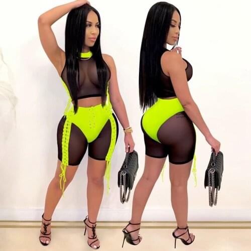 OMILKA Patchwork Mesh Lace Up 2 Piece Set Women Turtleneck Crop Top and Shorts Set 2020 Summer See Through Sexy Club Outfits