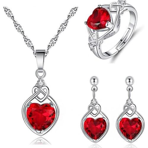 Red Love Heart Zirconia Crystal Pendant Necklace Earrings Resizable Ring Fashion Jewelry Set Wedding Party Gift for Women