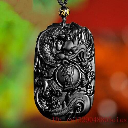 Natural Black Obsidian Beads Necklace Hand-Carved Dragon Jade Pendant Fashion Charm Jewellery Amulet for Man Women Gifts Jewelry