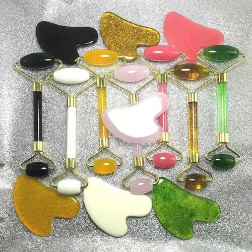Face Massage Resin Roller Rose Quartz Imitation Jade Gua Sha Slimmer Lift Wrinkle Double Chin Remover Beauty Care Slimming Tools