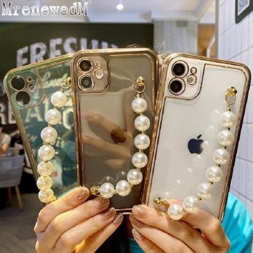 Luxury Pearl Bracelet Plating Phone Case For iPhone 12 11 Pro Max XR XS Mini 7 8 Plus SE2 Wrist Chain Transparent Soft TPU Cover