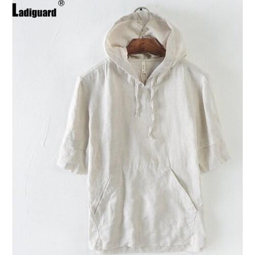 Ladiguard Plus Size Men Fashion Linen Shirt Hooded Tops Sexy Mens clothing 2021 Summer Casual Pullovers Khaki Black Male T-shirt