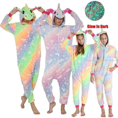 Family Matching Glow In Dark Kigurumi Anime Onesie Adult Kids Unicorn Pajamas Winter Flannel Panda Bunny Jumpsuit Family Outfits